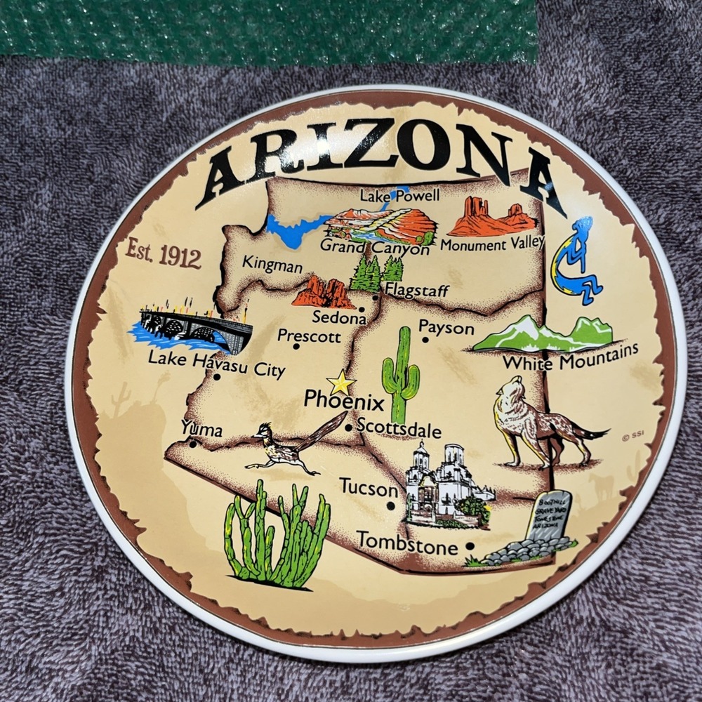 SSI Arizona State Map Collectible Plate Wall Hanging 7.5x7.5"